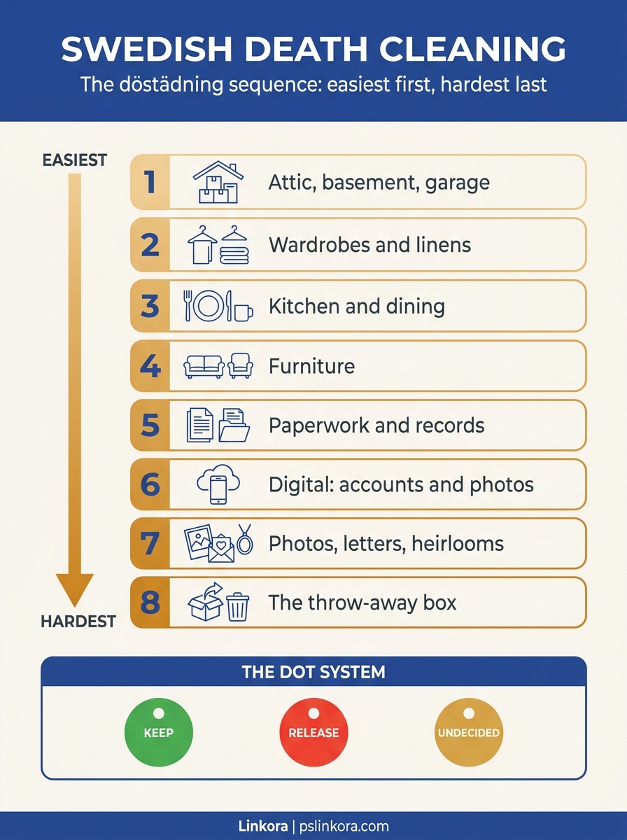Infographic showing the five stages of Swedish death cleaning, from unsentimental categories through to digital belongings, with the green, red, and yellow dot sorting system